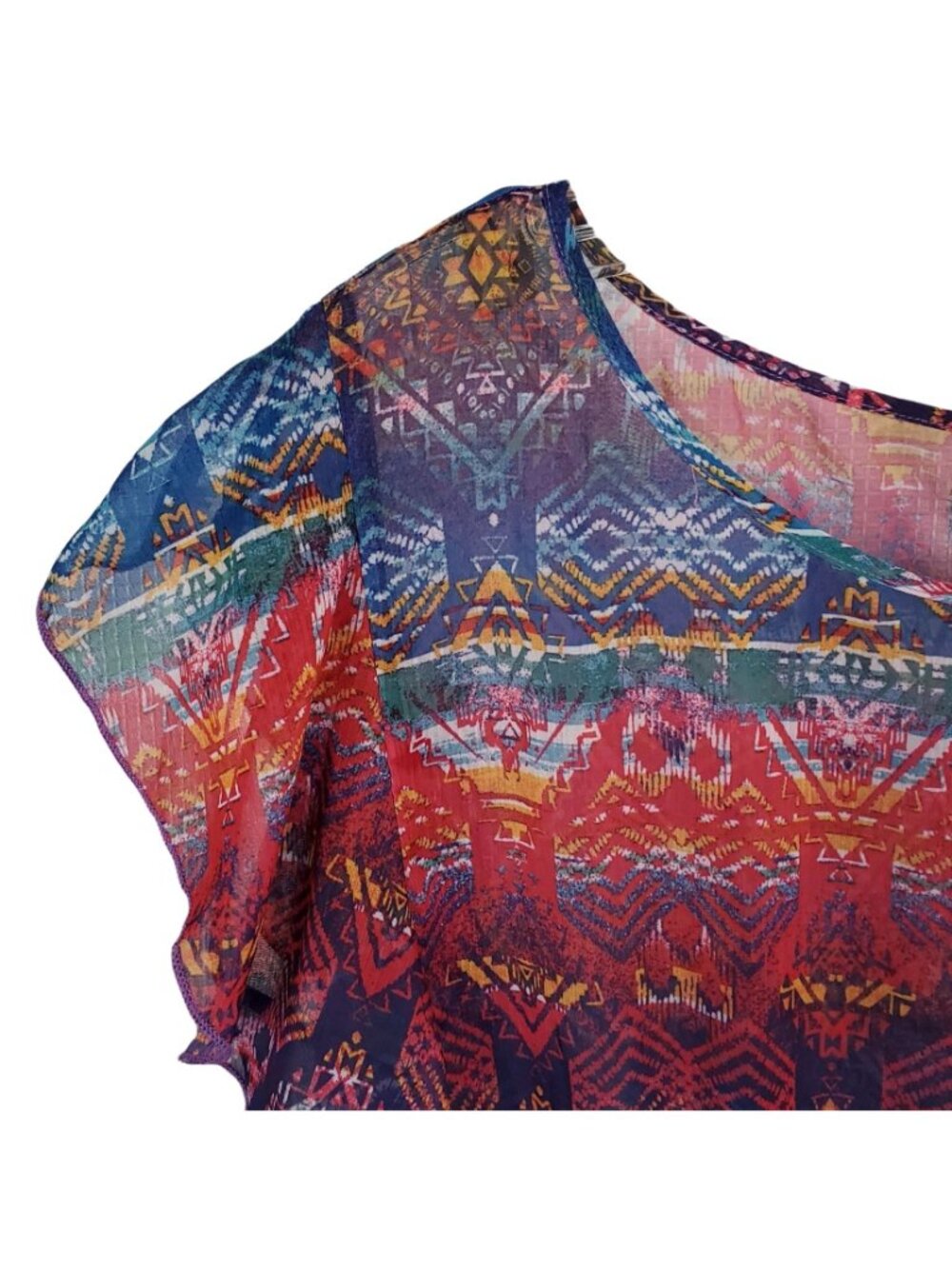 Jessica Simpson Size L Top Cover Up Multicolor Sheer Chiffon Aztec Print Boho - Picture 4 of 7
